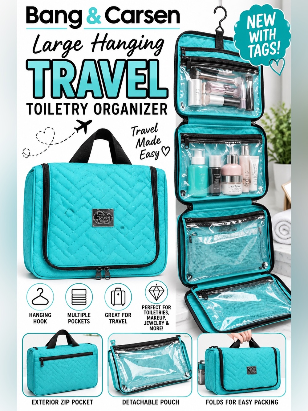 Bang & Carsen Large Hanging Travel Toiletry Organizer Turquoise NWT